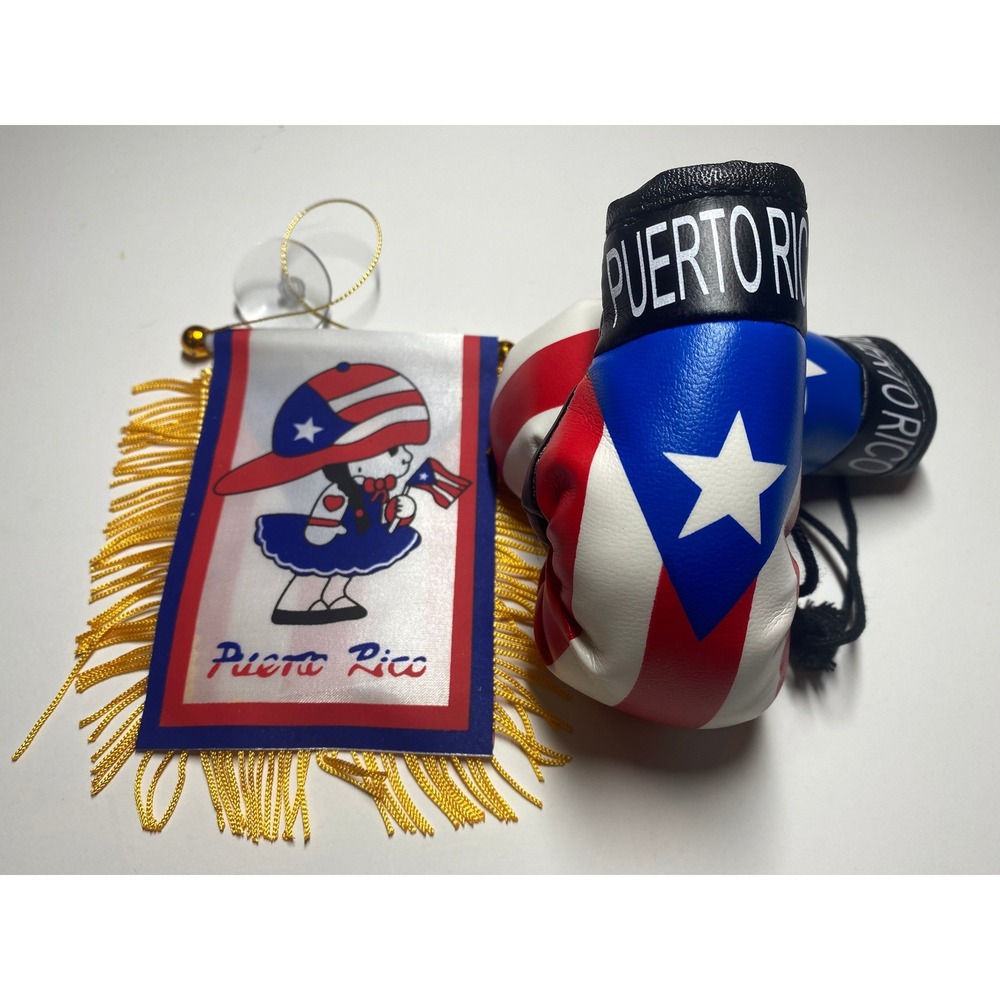 Puerto Rico Mini Boxing Gloves and Boricua Girl Mini Flag Souvenir Set
